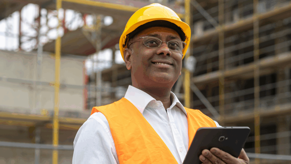 Middle-aged man in hard hat and vest looking over a construction site