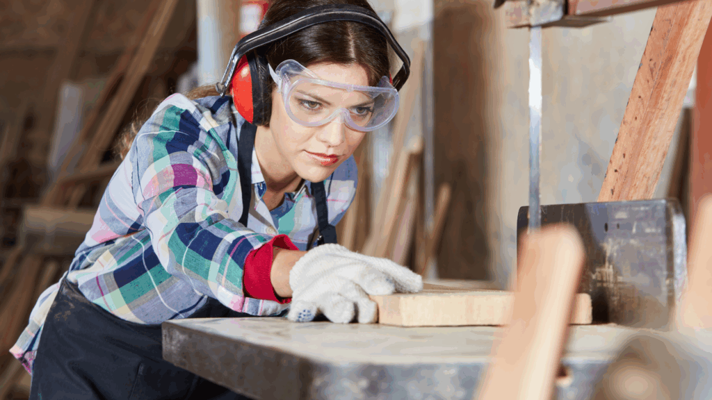 Young woman working in the woodworking shop, cutting a piece of wood while wearing safety googles and gloves