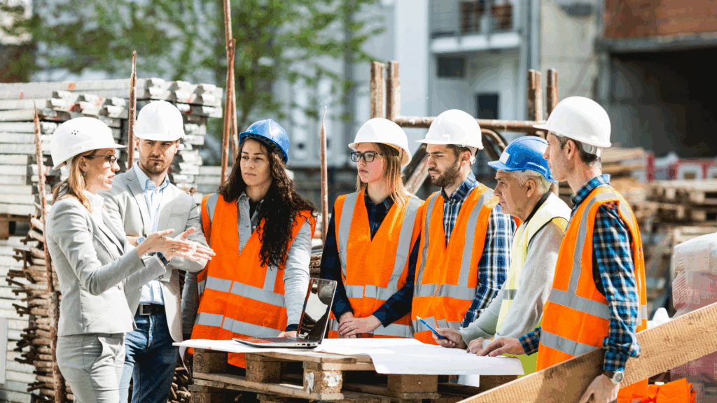A group of construction students surround plans as their engineer and foreman discuss the next move