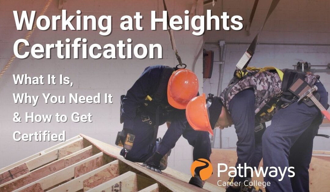 image of two construction workers working while rigged for heights safety. Text: Working at Heights Certification, What It Is, Why You Need It & How to Get Certified Pathways Career College logo