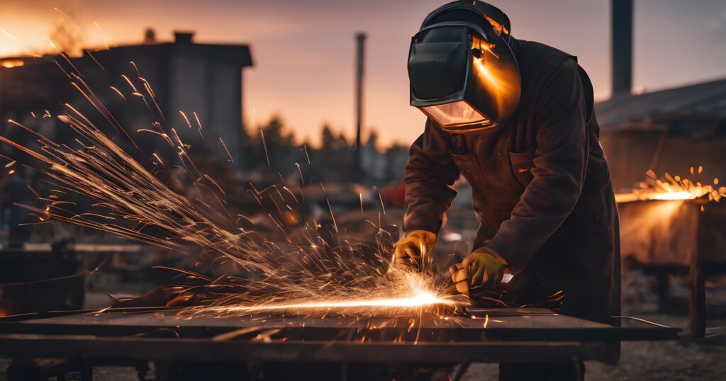Welding on a construction site ‣ Pathways Career College construction worker welding in the dusk light